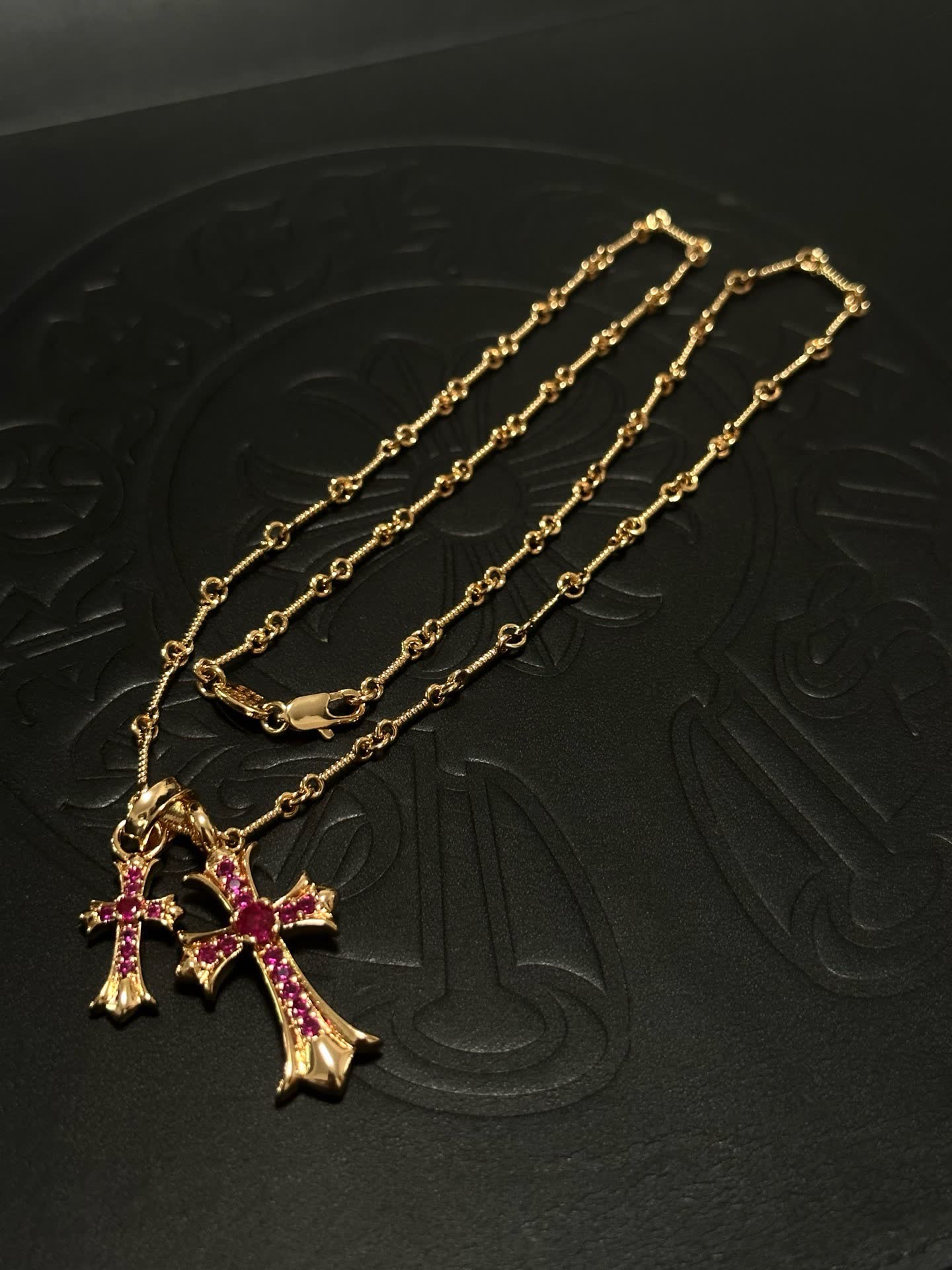 Chrome Hearts Gold Plated Cross Pendant with Ruby Stones